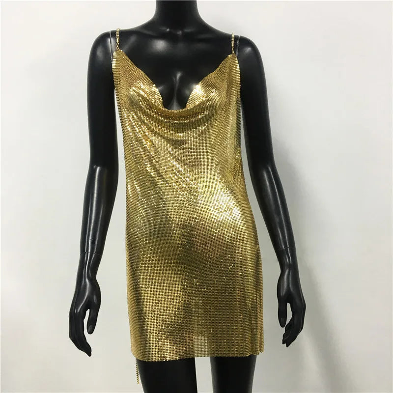 qgtao Metal Sequins Low Cut Sexy Women Dress 2024 Sleeveless Backless Spaghetti Strap Neck Fashion Party Club Mini Dresses