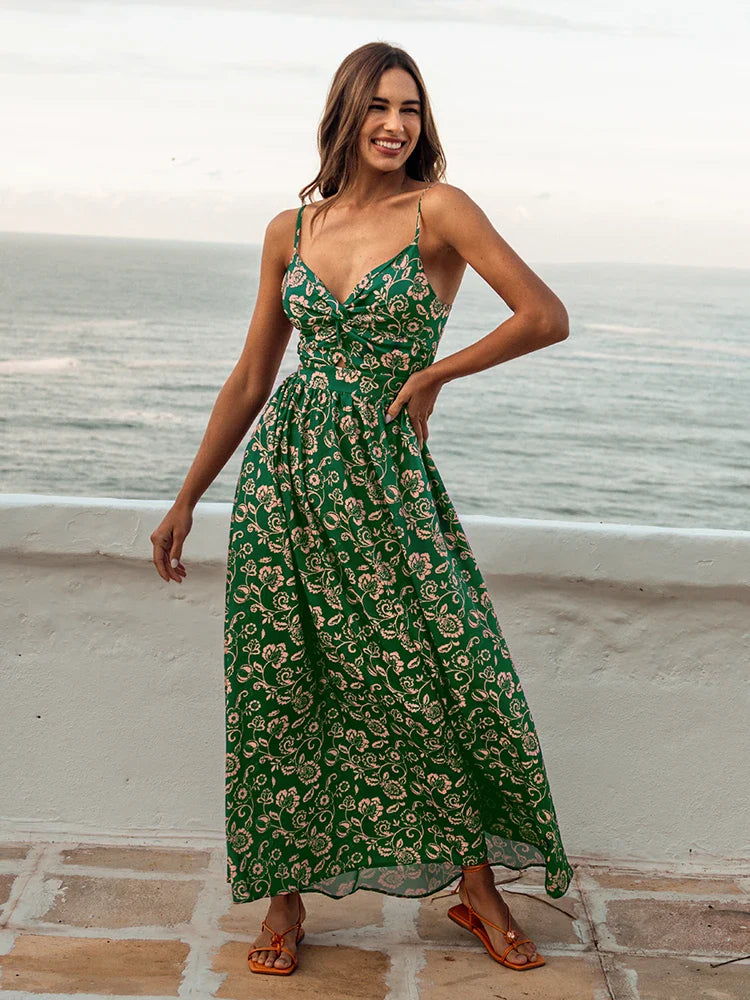 qgtao Floral Print Knotted Maxi Dress For Women Sexy V-neck Back Tie Holiday Beach A-line Dress 2024 Summer Female Sundress