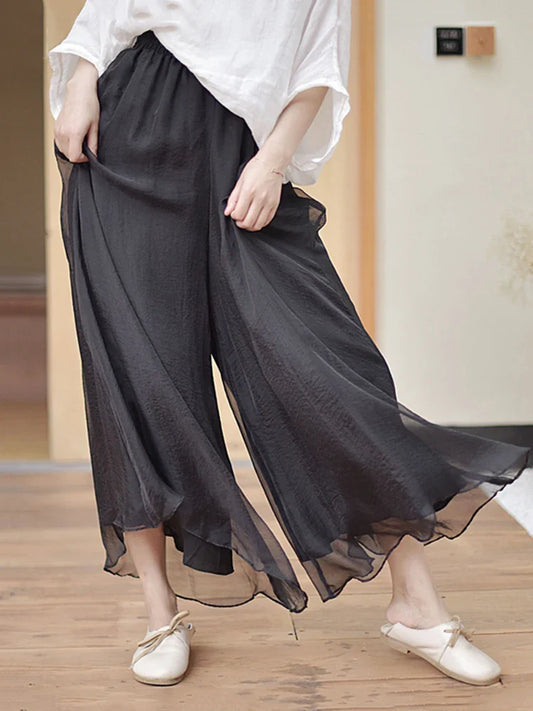 qgtao Women Elegant Solid Cotton Pants Korean Summer Retro High Waist Two Layer Wide Leg Pant Long Boho Trousers Female