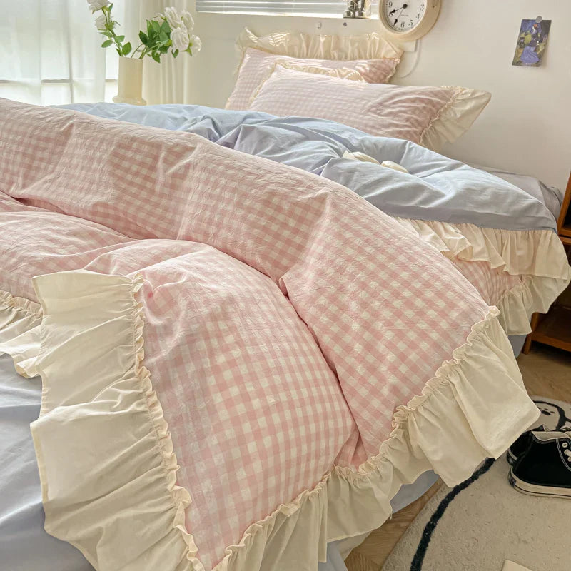 Yeknu Korean Princess Style Bedding Set Soft Skin-friendly Lattice Lace Ruffles Quilt Cover Plaid Style Duvet Covers Set Pillowcases