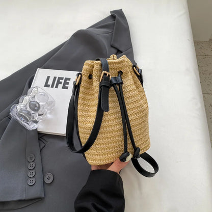 qgtao Summer Straw Handbag Drawstring Women Bucket Bag Weave Hobo Purses Casual Satchel Bags Messenger Bag for Vacation Crossbody Bags