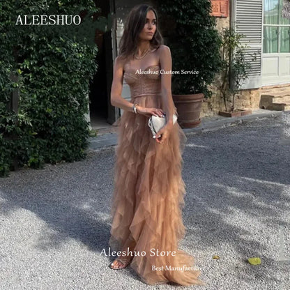 qgtao Sexy Lace Arabic Women Applique Tulle Evening Dresses Sleeveless Side Slit Strapless Prom Gowns Formal Dress Party