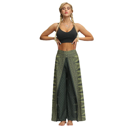 qgtao Women's High Waist Open Leg Wide Leg Pants Digital Printed Casual Plus Size Yoga Pants Women Thailand Bohemia Polyester 2024