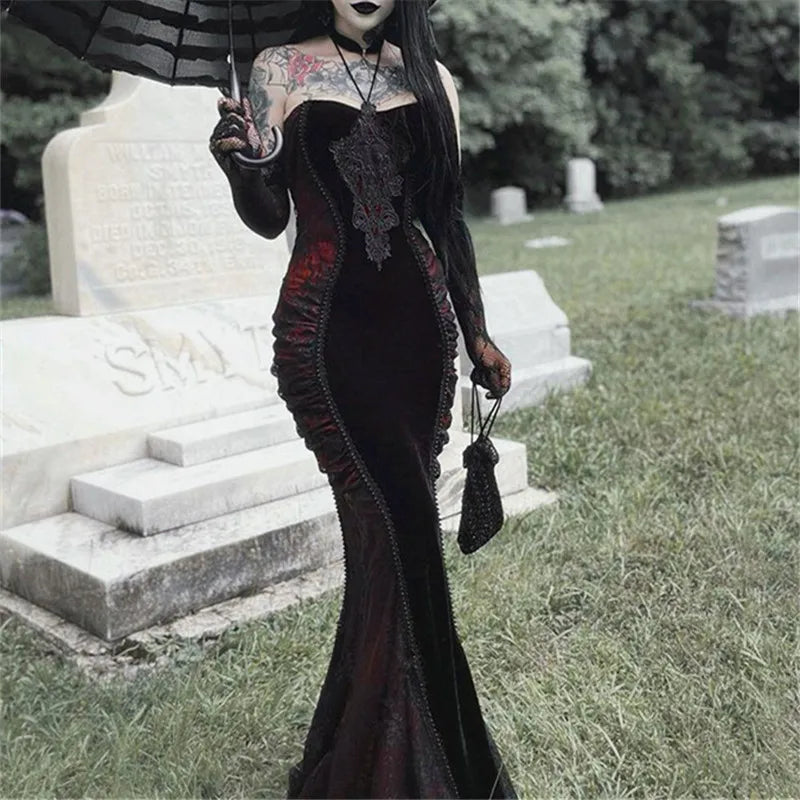 qgtao Goth Dark Ladies Elegant Fashion Tight Halter Mermaid Dresses Hotsweet Corset Mesh Maxi Dress Gothic Pleated Bodycon Party Gown