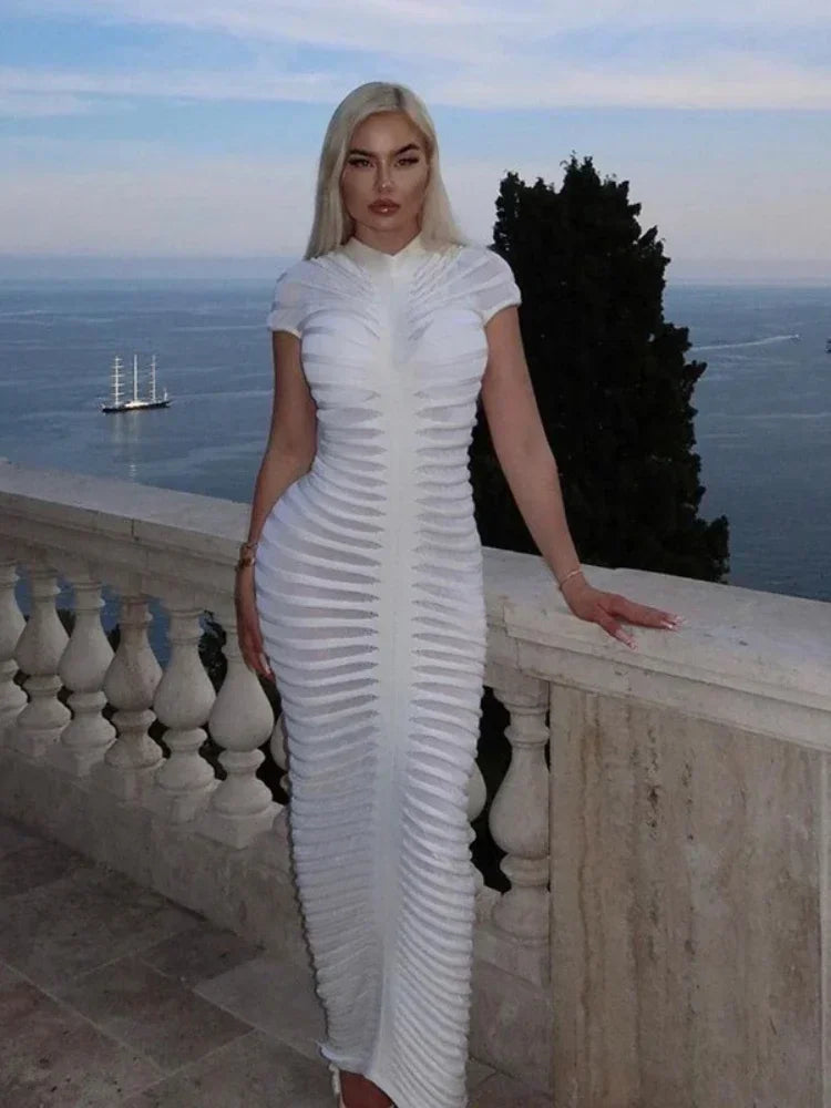 qgtao Elegant Bodycon Knitted Dress Autumn See Through White Dress Short Sleeve Sexy Party Evening Maxi Dresses for Women 2024