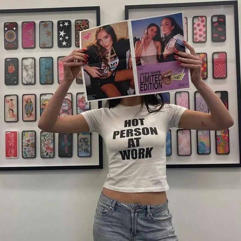 Hot Person At Work Funny Cropped Top Women Y2k Harajuku Sexy Party Clothes Summer Fashion Short Sleeve T Shirt Ladies Crop Tops