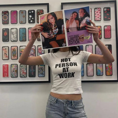 Hot Person At Work Funny Cropped Top Women Y2k Harajuku Sexy Party Clothes Summer Fashion Short Sleeve T Shirt Ladies Crop Tops
