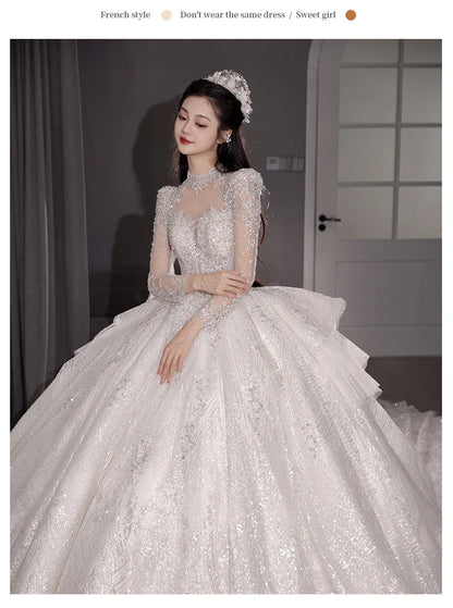 qgtao Lace Beading Wedding Dresses For Women 2024 Spring Princesss Vintage High Neck Long Sleeves Bridal Ball Gown