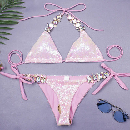 qgtao Shiny Sexy Bikinis Swimsuit With Rhinestones Women Swimwear Female Push Up Bikini Beach Swim Wear Bathing Suits Pool Bather 2024