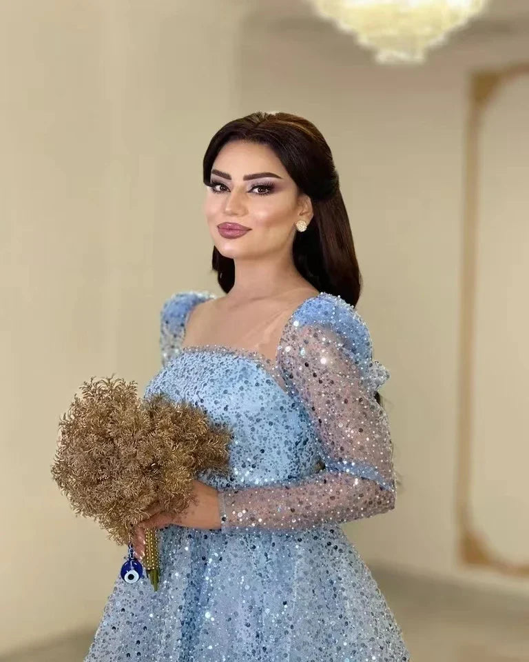 qgtao  Shiny Glitter Sequin Blue Prom Party Dresses Long Sleeves Tea Length Dubai Arabic Women Formal Occasion Gowns