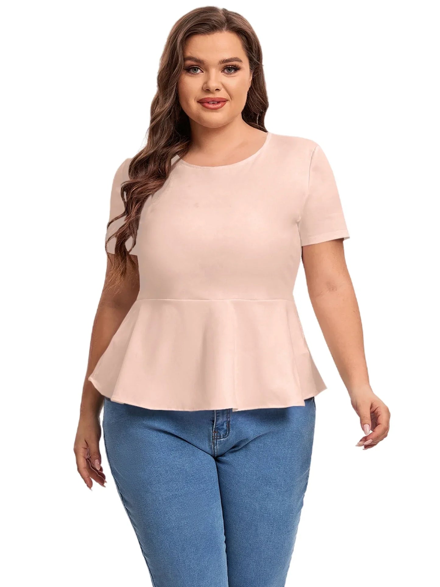 qgtao Plus Size Short Sleeve Elegant Summer Peplum Tops Women Keyhole Back Ruffle T-shirt Tee Blouse Plus Size Clothing Women 5XL 6XL