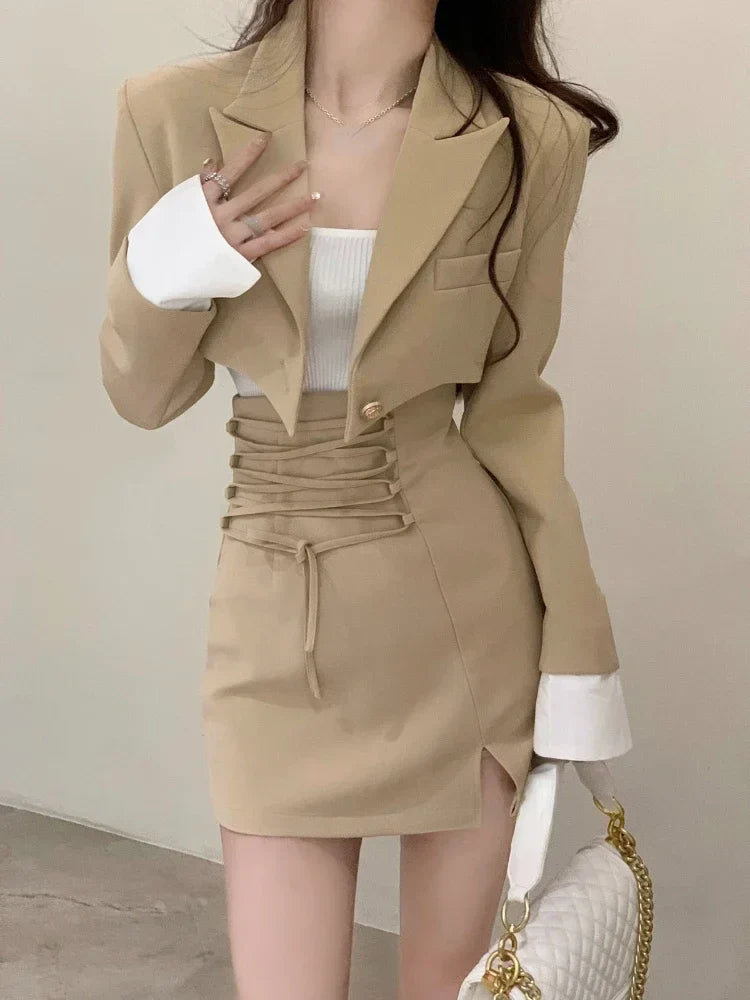 qgtao 2 Piece Dress Set Women Casual Y2k Crop Tops Elegant Jacket Coats + Mini Skirts Korean Fashion Suits 2024 Spring Blazers Dress