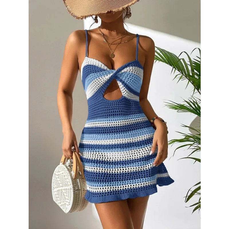 qgtao Sxey Knitted Mini Dress Summer Beach Cover Women Backless Hollow Out See Through Crochet Dresses Woman Bikini Cover-ups Female