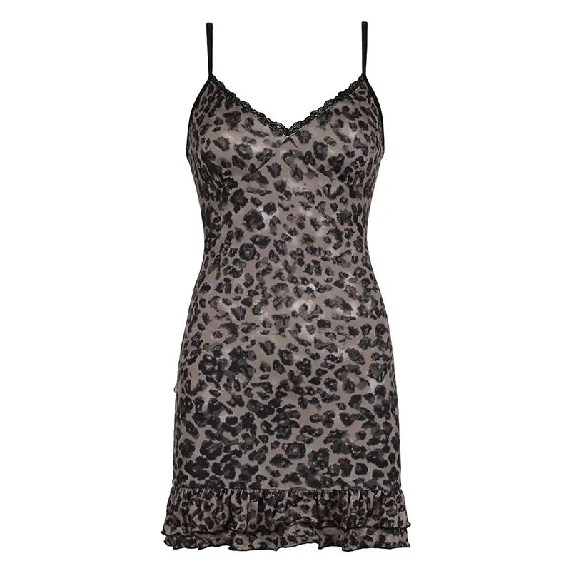 qgtao Leopard Printed Sexy Woman Dress Slim Mini One Piece Y2k Sleeveless Vintage Dress Hotsweet Lece Short Bodycone Female