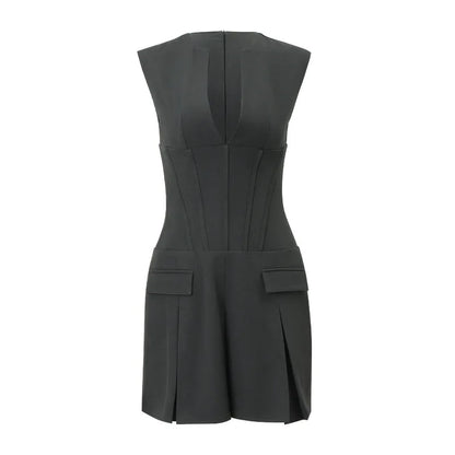 qgtao Women Sexy Deep V Neck Pleated Dress Autumn Fake Pocket Sleeveless Bodycon Dresses 2024 Y2K New Female High Street Vestidos