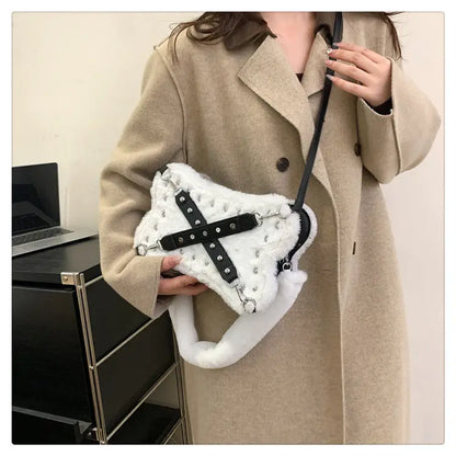 qgtao Gothic Rivet Plush Shoulder Bag Women Y2k Grunge Winter Subculture Messenger Bag Purse Ladies Harajuku Aesthetic Handbag