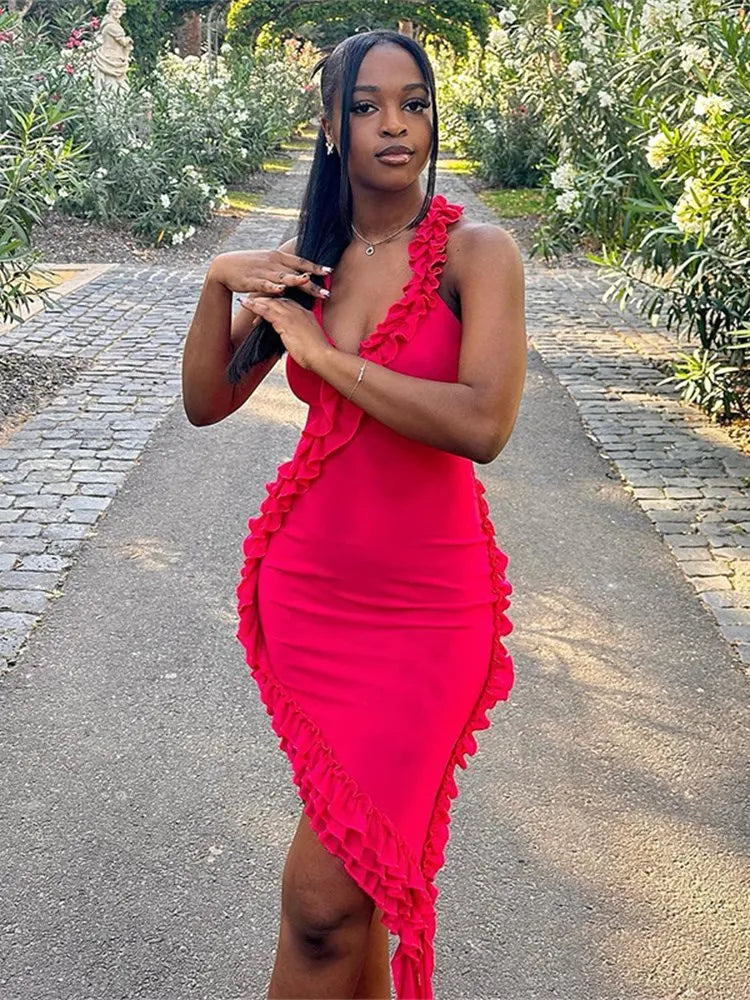 qgtao  Ruffles Tassel Women Dress Patchwork Sexy Low Chest Backless Irregular Hot Girls Evening Party Club Bodycon Vestidos