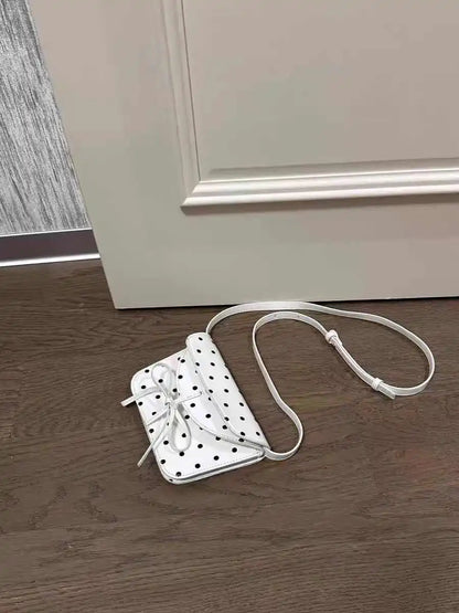 qgtao Wave Point Bow Crossbody Bag Retro Lacquered Leather Phone Small Bag Girls' Versatile Square Bag Spring Summer Hong Kong Style