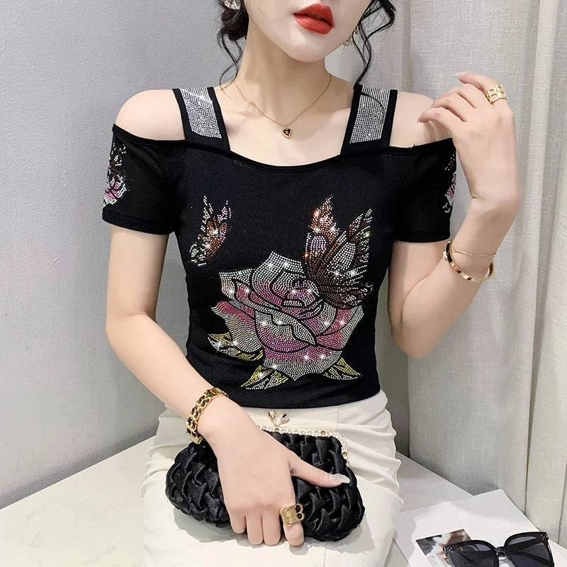 Runway Fashion European Women's Clothes Sexy Off Shoulder Letter Shiny Diamonds T-Shirts Luxury Brand Mesh Tees Tops Blouse