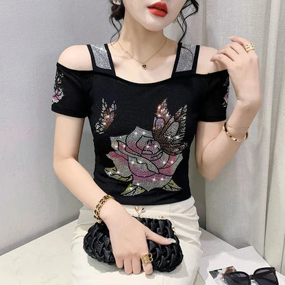 Runway Fashion European Women's Clothes Sexy Off Shoulder Letter Shiny Diamonds T-Shirts Luxury Brand Mesh Tees Tops Blouse