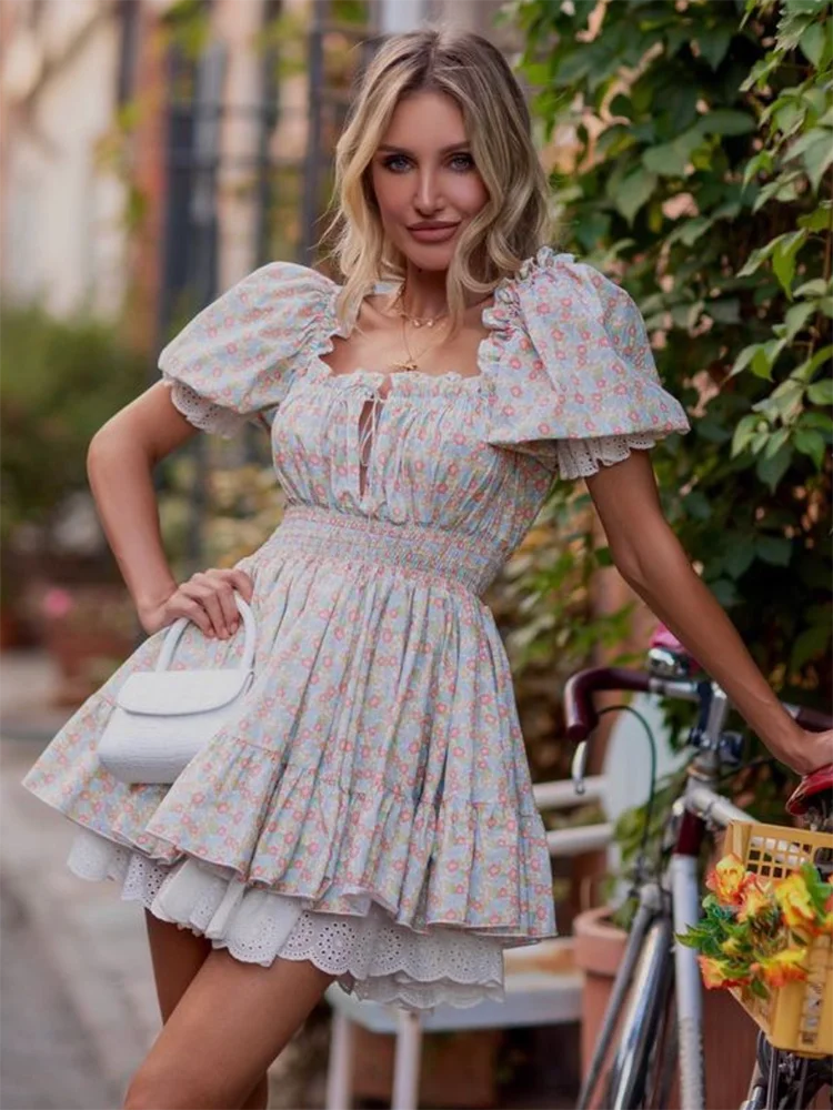 qgtao Floral Tiered Ruffles Mini Dress Lace Puff Sleeve Summer Vocation Sexy Lace Up Women Dresses Party Ladies Vestidos New