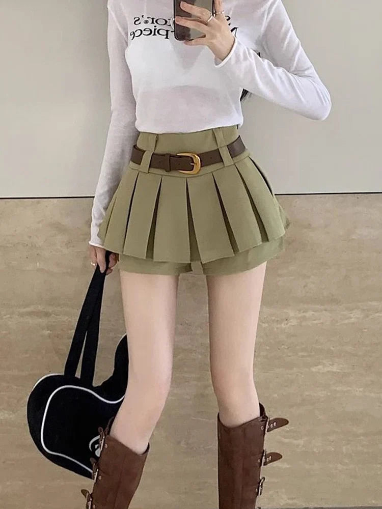 qgtao High Waist Sexy Belt Pleated Skirt Women Sweet Vintage Preppy Style Mini Skirt Korean Casual Elegant Solid Female Skirt New