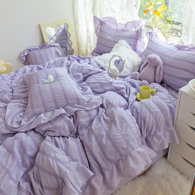 Yeknu Purple Princess Bedding Set Duvet Cover Pillowcase Linens Twin Queen King Bed Sheet Set Luxury Solid Color Woman Girl Kawaii Set