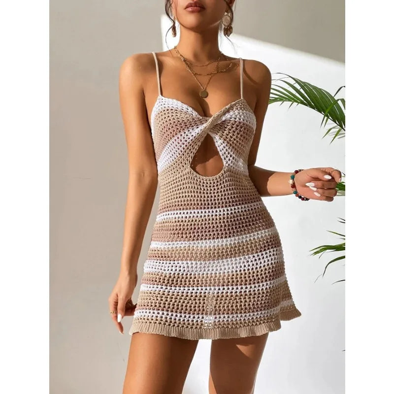 qgtao Sxey Knitted Mini Dress Summer Beach Cover Women Backless Hollow Out See Through Crochet Dresses Woman Bikini Cover-ups Female