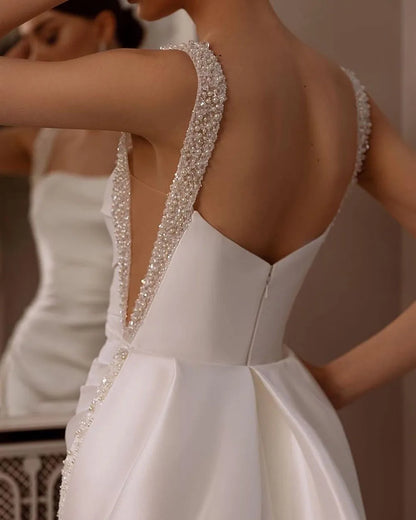 qgtao  Satin Mermaid Wedding Dresses With Detachable Train Beads Sequins Strap Women Luxury Bridal Gowns Backless Bride Dress