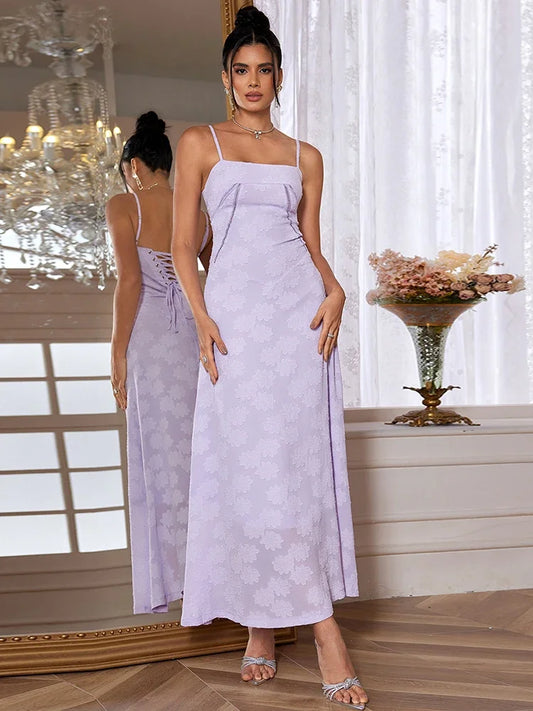 qgtao New Summer Elegant Maxi Dress 2024 New Arrival Purple Spaghetti Strap Wedding Guest Dress Lace Up Party Dresses