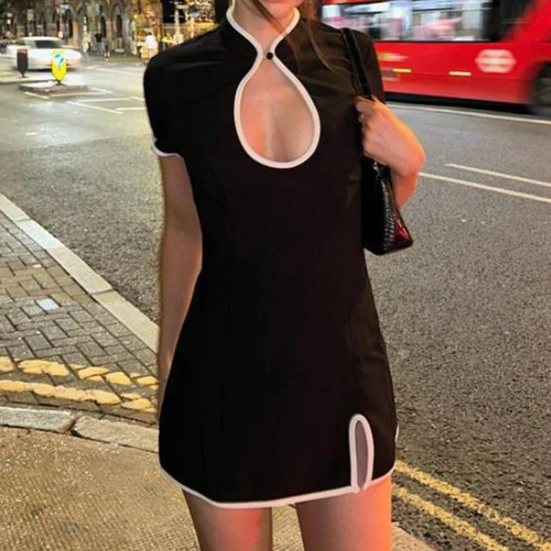 qgtao  Vintage Revamped Cheongsam Dress Women Patchwork Mandarin Collar Keyhole Short Sleeve Dress Summer Mini Bodycon Dress