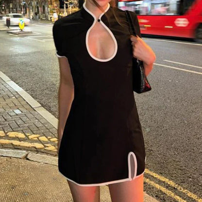 qgtao  Vintage Revamped Cheongsam Dress Women Patchwork Mandarin Collar Keyhole Short Sleeve Dress Summer Mini Bodycon Dress
