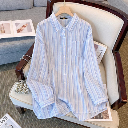 qgtao Plus Size women's spring casual commuter shirt terylene cotton fabric striped top medium long pocket top comfortable breathable