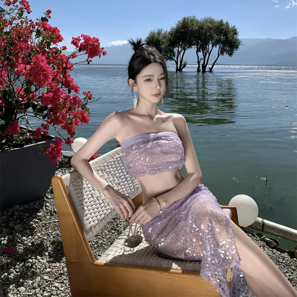 qgtao-2024 New Summer Purple Sequin Set for Women Sexy Split Half-body Dress Beach Holiday Casual Elegant 2 Pieces Female Clothing