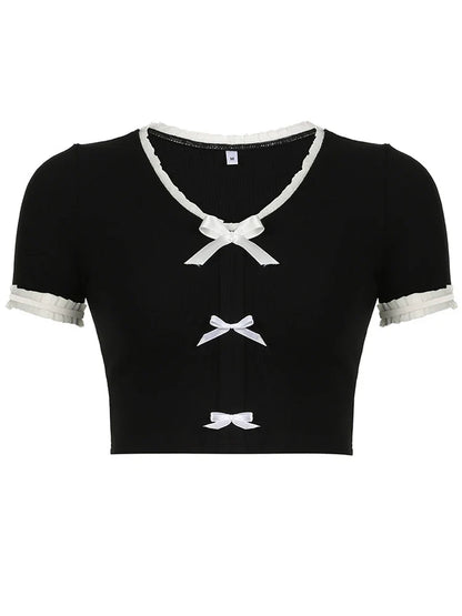 Summer Crop Top Women Y2K Coquette Bow T Shirt Female Vintage Lace Short Sleeve Tee Ladies Sweet Fashion Slim Camisetas Mujer