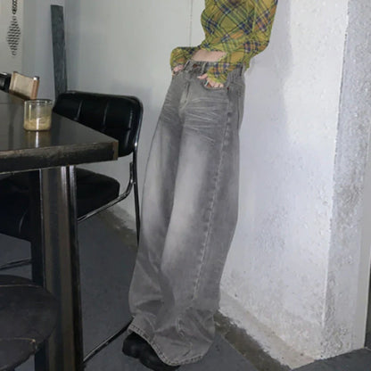 qgtao Y2k Vintage Jeans Women High Waist Baggy Straight Casual Wide Leg Pants Streetwear Fashion Distressed Loose Denim Trousers