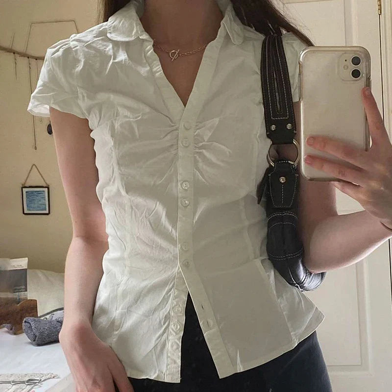 qgtao  Vntage Folds Crop Top White Button Up Short Sleeve Blouse Women Chic Bandage Korean Fashion T-shirt Casual Streetwear y2k