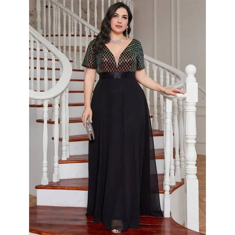 qgtao Plus Size V Neck Rhombus Sequin Luxury 4XL5XL Chiffon Dress Party Prom Black 3/4 Sleeve Over Maxi Dress for Party Wedding