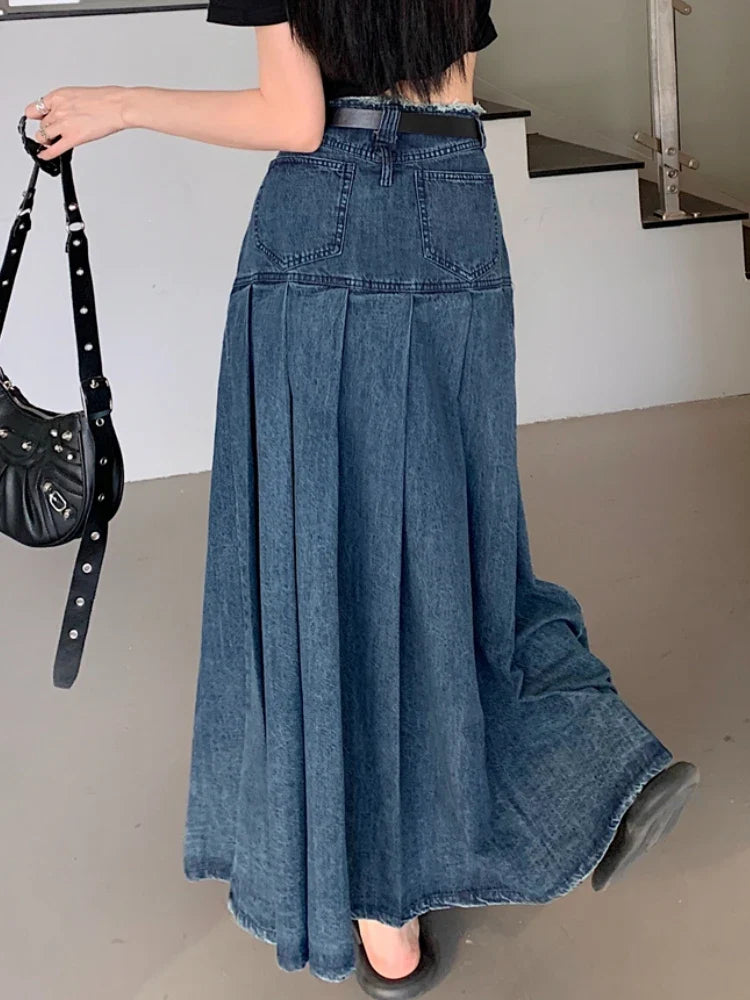 qgtao Long Skirts Women Vintage Spring Summer High Waist Jean Skirt Ladies  A-Line Ruffle Pleated Denim Skirt Plus Size With Belt