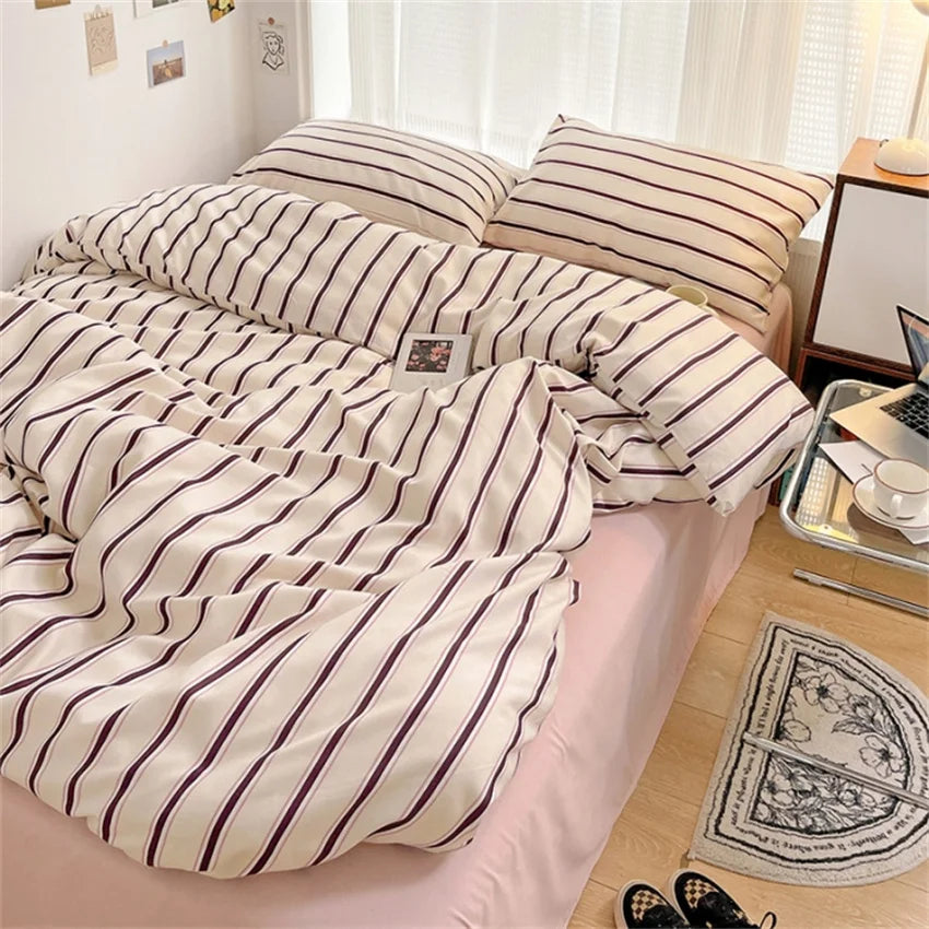 Yeknu Pure Cotton Home Textile Blue Striped Bedding Set Simple Soft Duvet Cover Sheet Pillowcase Ins Style Bed Linens Queen King Size