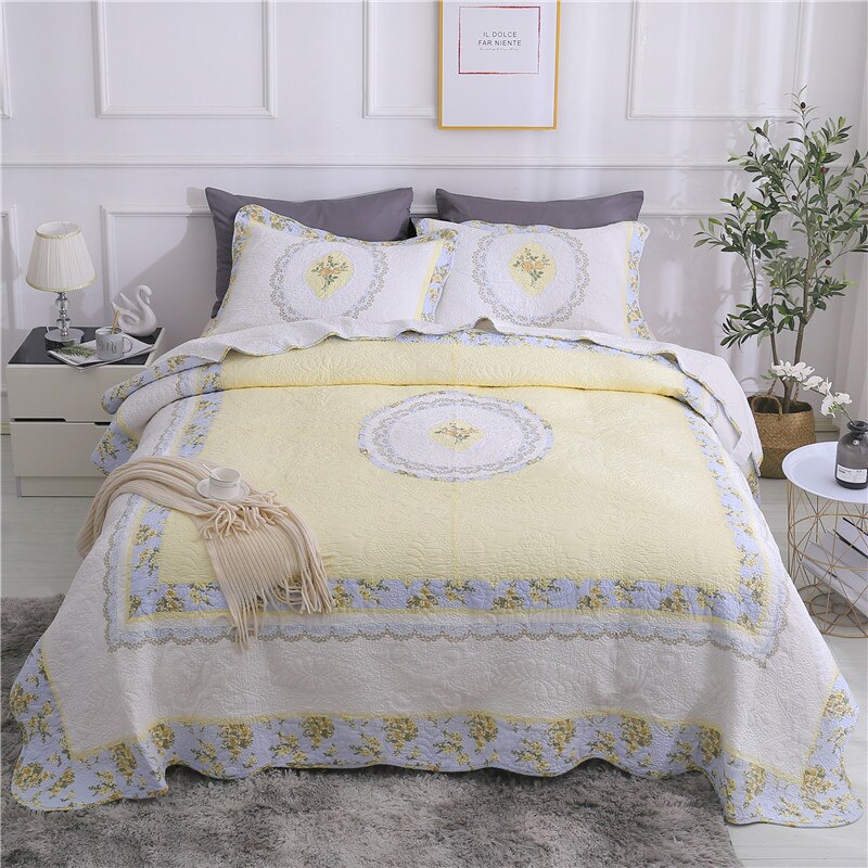 Yeknu 100% Cotton Yellow Daisy Quilt 3pcs Embroidered Quilted Quilt Pillowcase Free Shipping