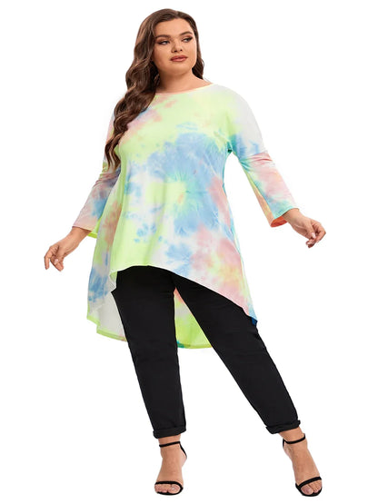 qgtao Plus Size Long Sleeve Elegant Tie Dye Tunic Tops Long Loose Autumn Hi Low Swing Blouse T-shirt Plus Size Clothing Women 6XL 7XL