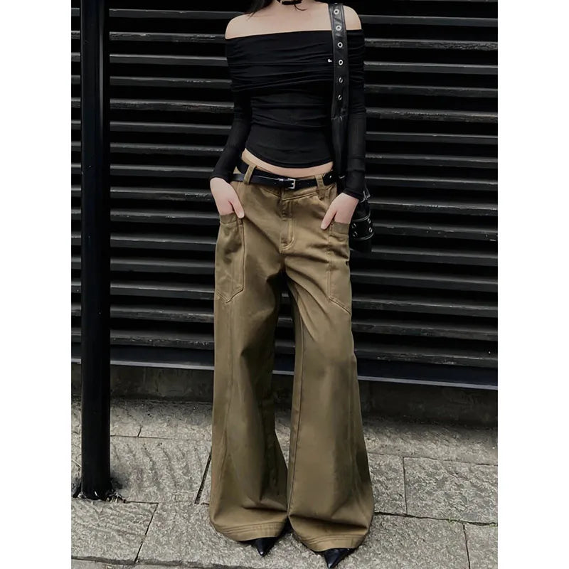 qgtao  -  Women's Brown Y2k Low Rise Jeans Harajuku Denim Trousers Streetwear Y2k Baggy Jean Pants Vintage 90s Aesthetic 2000s Clothes