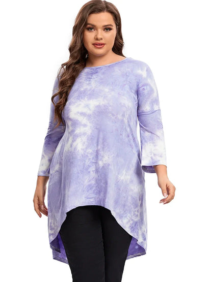 qgtao Plus Size Long Sleeve Elegant Tie Dye Tunic Tops Long Loose Autumn Hi Low Swing Blouse T-shirt Plus Size Clothing Women 6XL 7XL