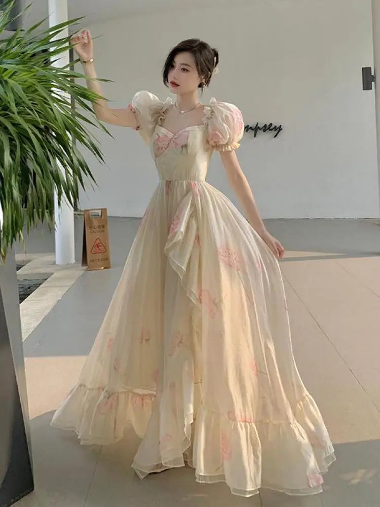 Vintage French Elegant Floral Ruffles Party Dresses Women Fashion Puff Sleeve Birthday A Line Princess Long Dress Sweet Vestidos