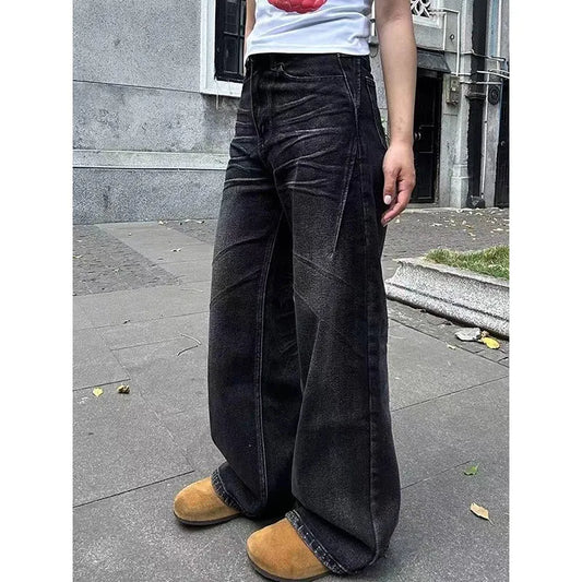 qgtao  -  Black Jeans Women High Waist American Street Wide Leg Pants Vintage Straight Baggy Casual Plus Size Mom Oversize Denim Trousers