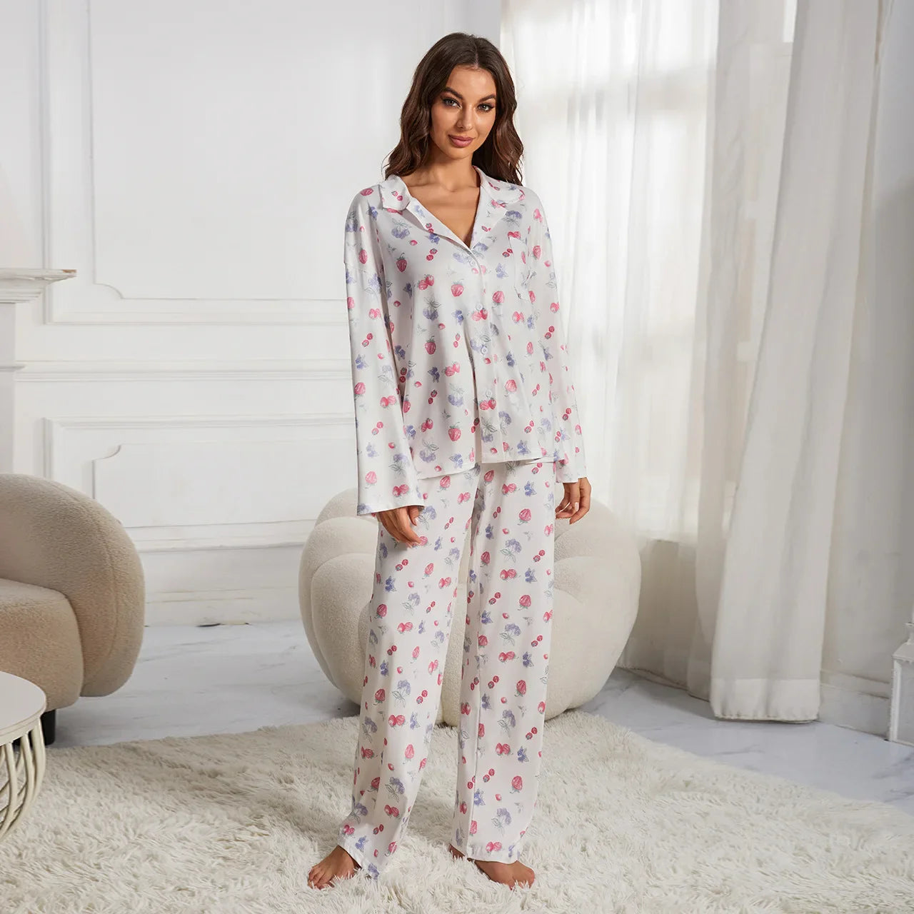 qgtao Pajama Set for Women Causal Floral Print Sleepwear Long Sleeve Loungewear 2 Piece Djerf Avenue Pajamas Y2K Chic Vintage Homewear