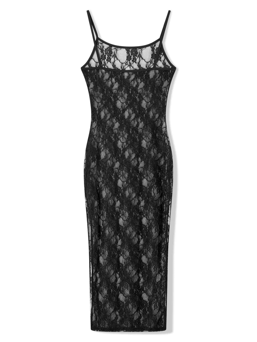 qgtao Fashion Spaghetti Strap See Through Midi Dress Women Black Sexy Sheer Mesh Lace Floral Dresses Chic Y2K Beach Outfits Vestidos