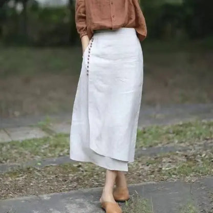Women's Straight Skirt Spring Summer Cotton Linen A-line Skirt Female Solid Blue White Side Split Vintage Long Skirts Women