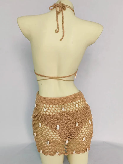 qgtao 4 pieces Woman Bikini Set Crochet Shell Tassel Top Sexy Thong Bottom See-Through Hollow Out Bandage High Waist Short Beach Skirt